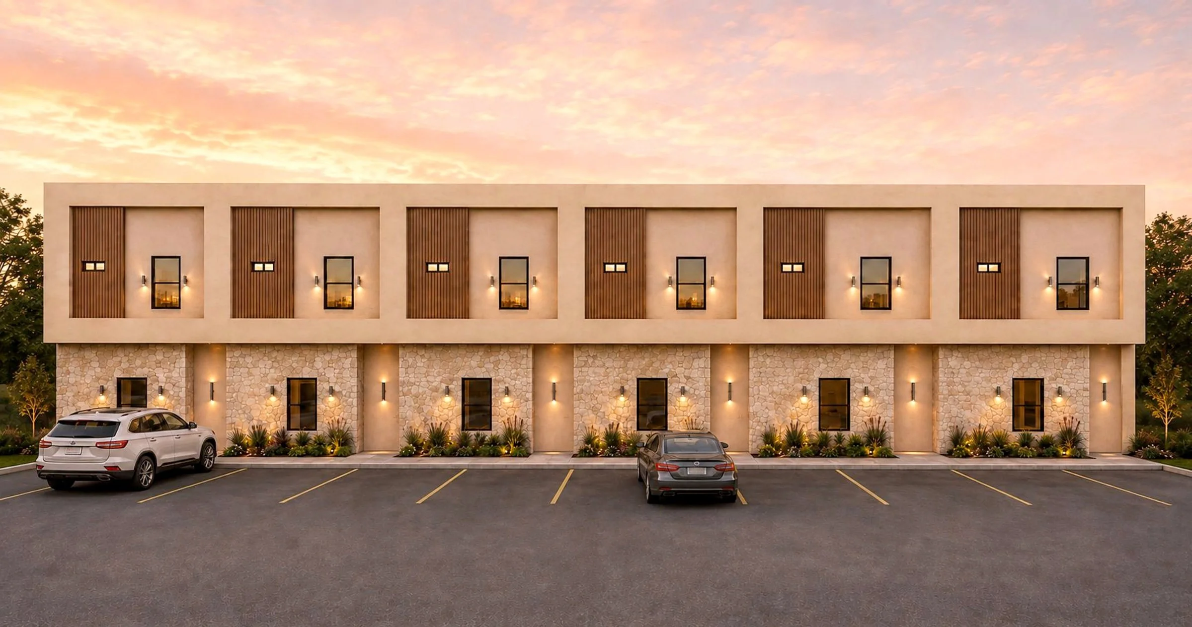 Render artístico de un edificio de seis residencias en dos pisos con base de piedra y paneles de madera