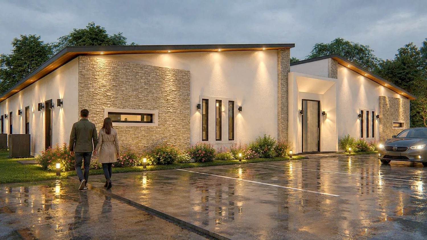 Render artístico del acceso de un fourplex de un piso