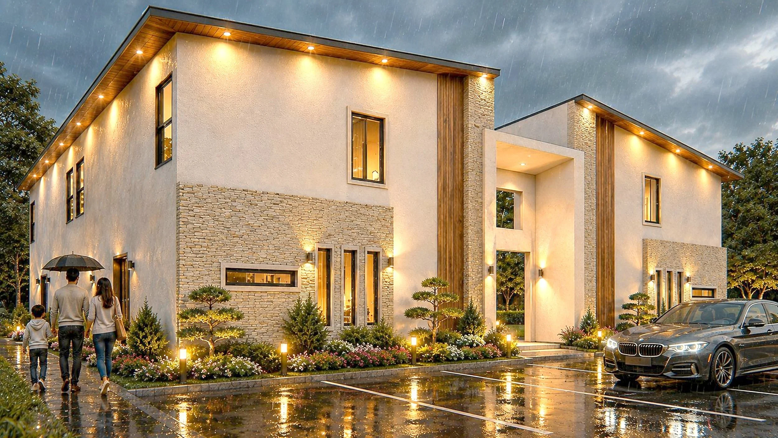 Render artístico de un fourplex de dos pisos en Santa Anna con acceso central