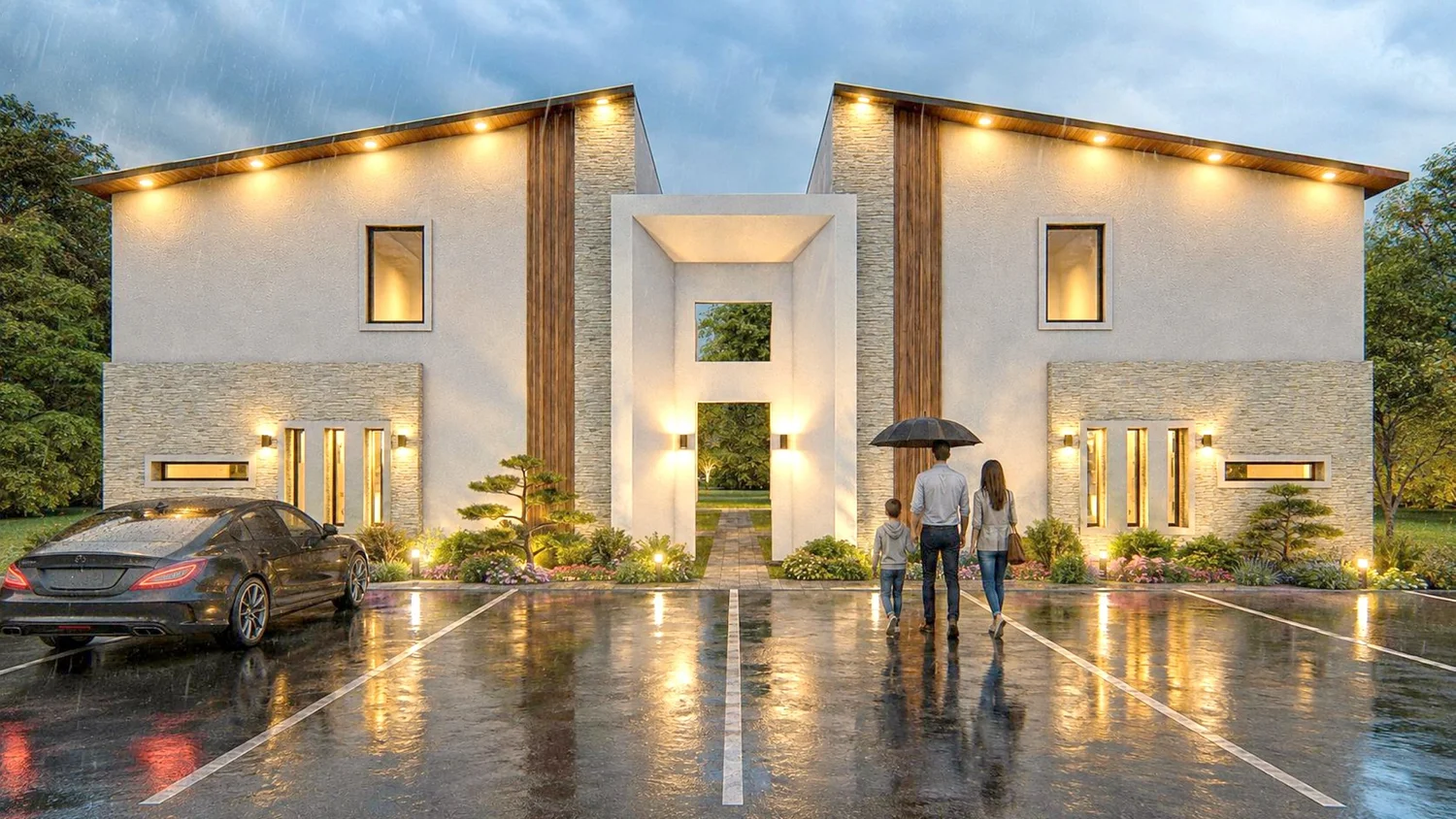 Render artístico de un fourplex de dos pisos al atardecer con lluvia