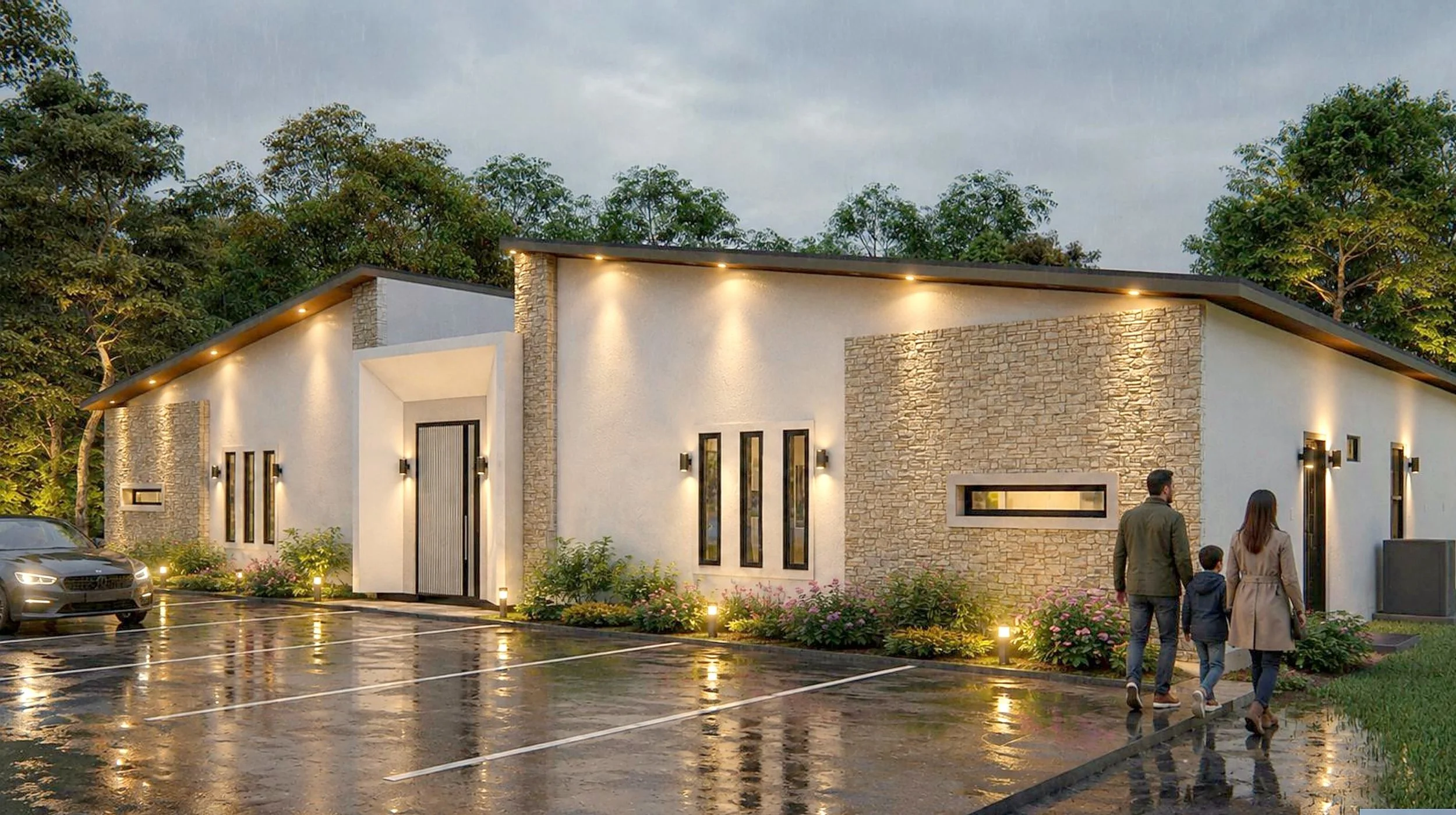 Render artístico de un fourplex de un piso con muro de piedra al atardecer
