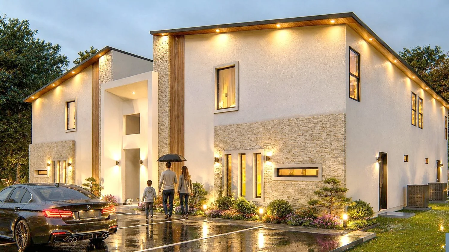 Render artístico de un fourplex de dos pisos con acceso alto de madera y piedra