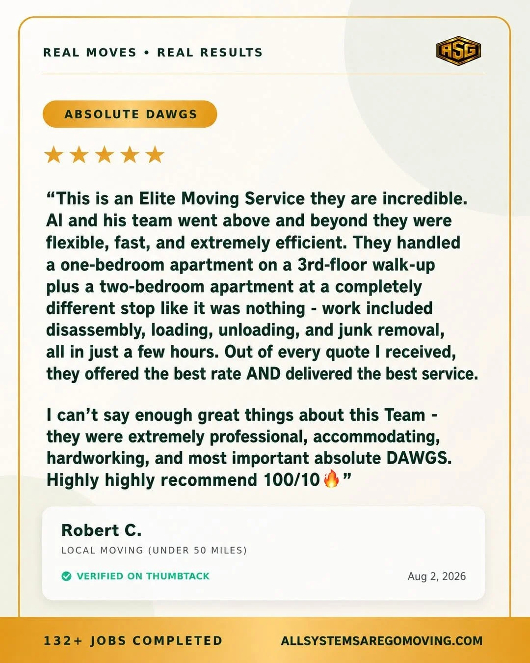 Robert C., verified Thumbtack review dated August 2, 2026, praises the crew for a careful, efficient apartment move.