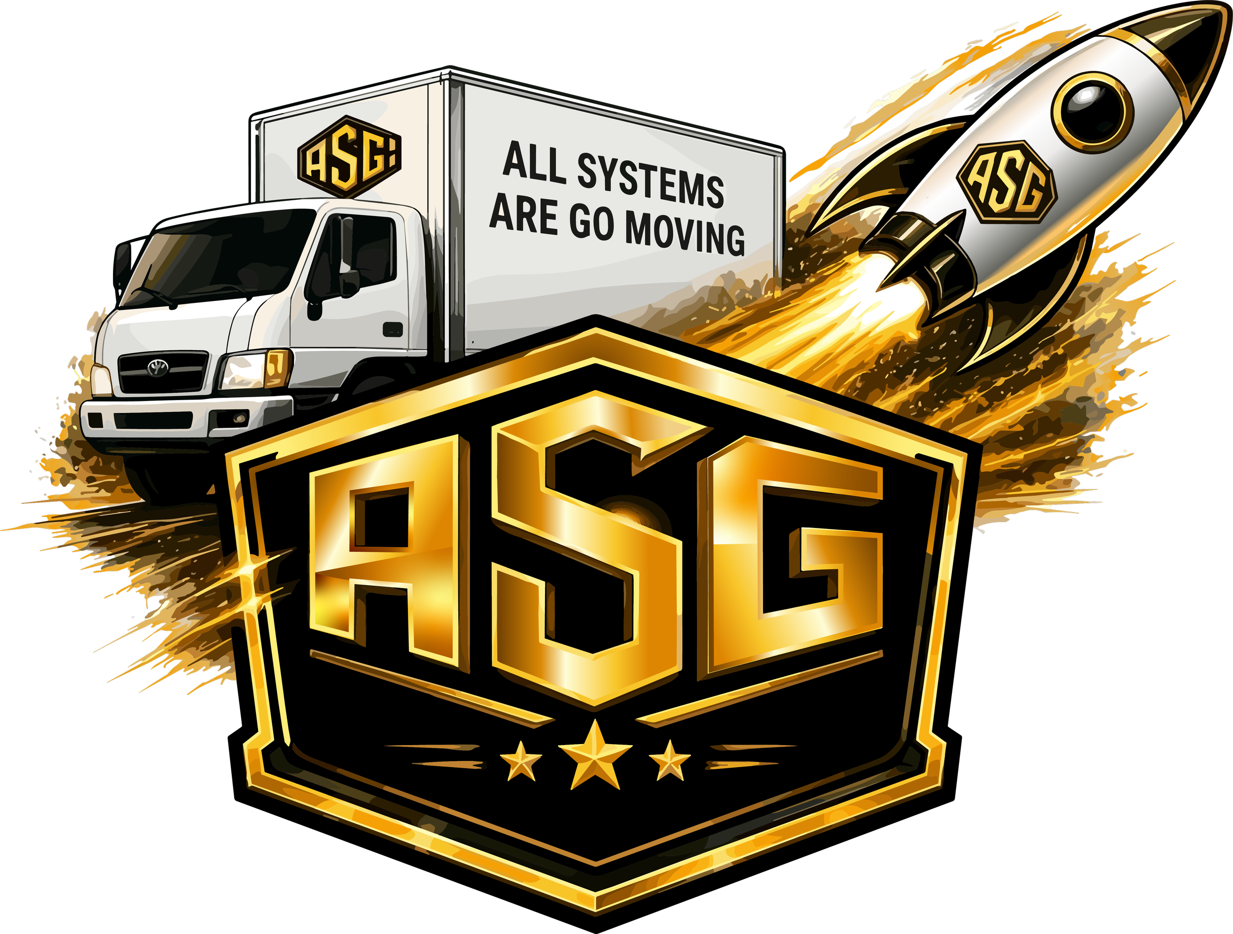 ASG black and gold badge with a moving truck and rocket
