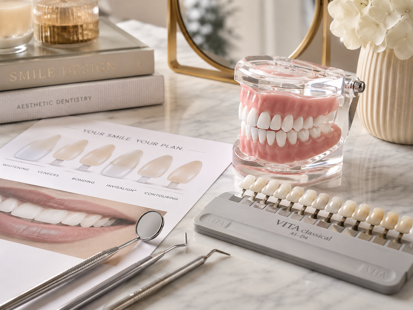 Smile makeover treatment options with shade guide and dental model