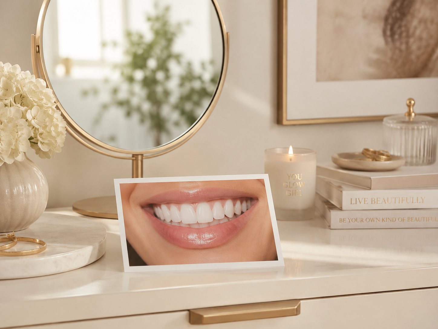 Elegant smile design scene with mirror and smile photo