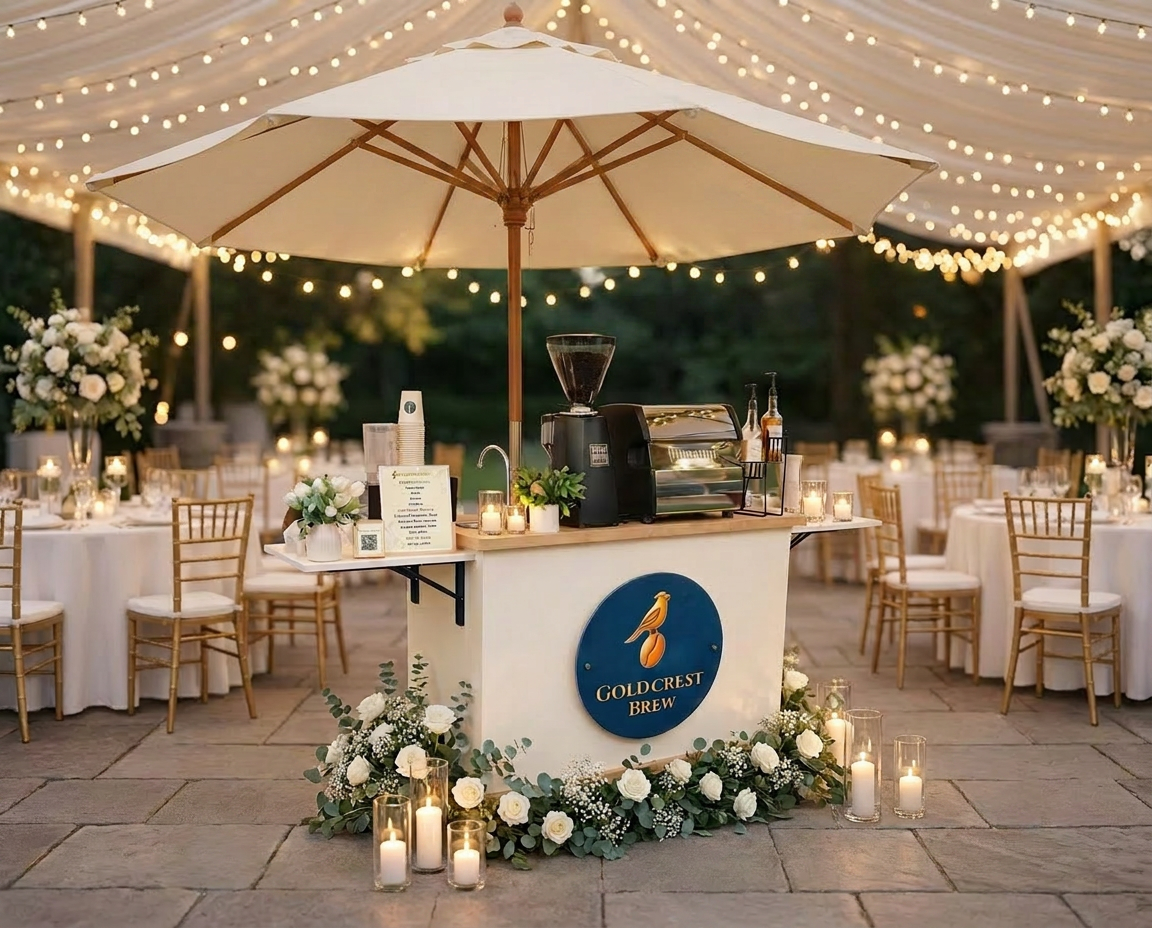 Goldcrest Brew coffee cart at an outdoor wedding