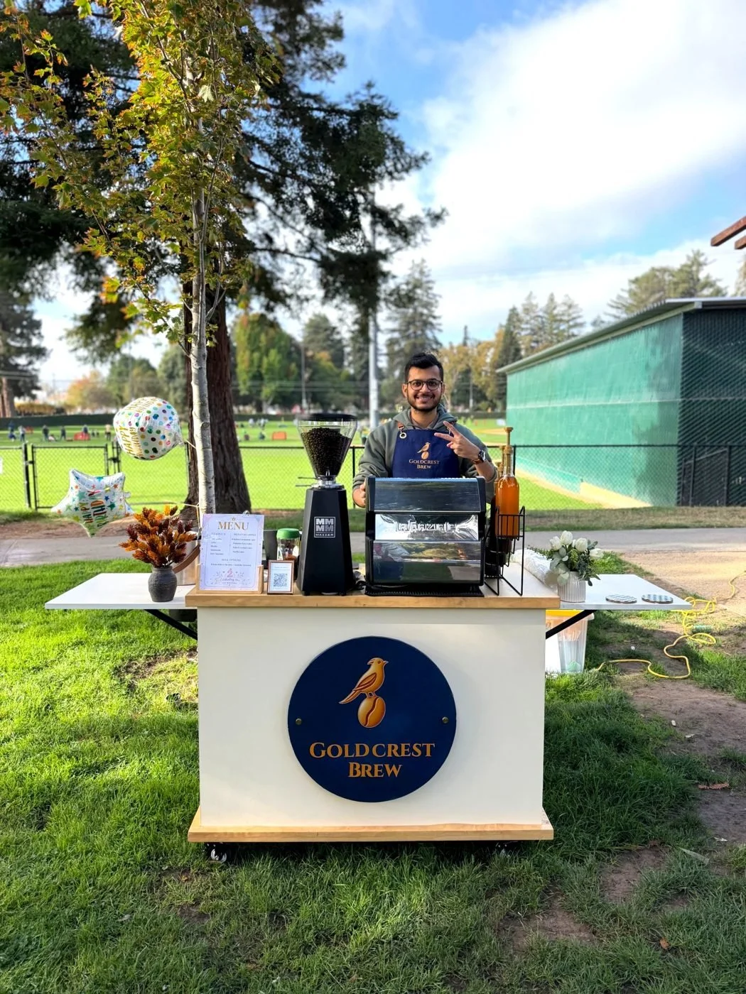 Goldcrest Brew mobile coffee cart at a birthday celebration in a San Francisco park
