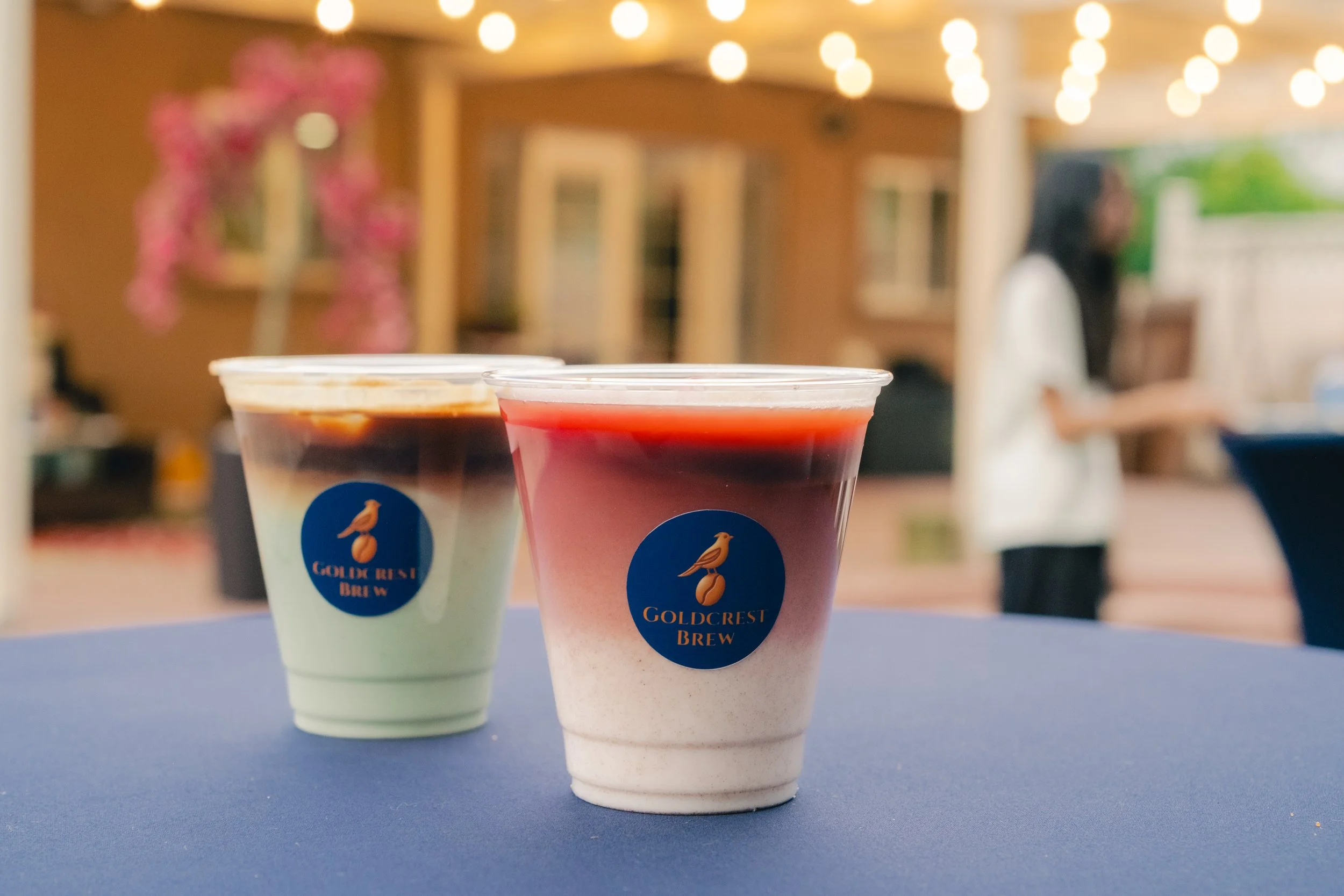 Handcrafted specialty coffee drinks at a Goldcrest Brew catering event