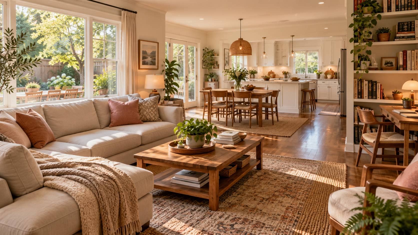 Illustrative shared-home interior with comfortable seating, kitchen and study nook