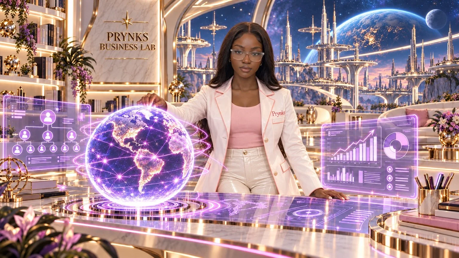Prynks presenting learning and business ideas in her futuristic lab