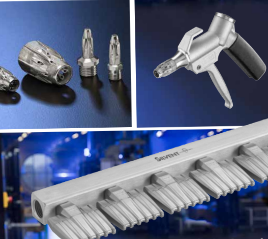Collage of Silvent Malaysia engineered compressed air nozzles and air efficiency products