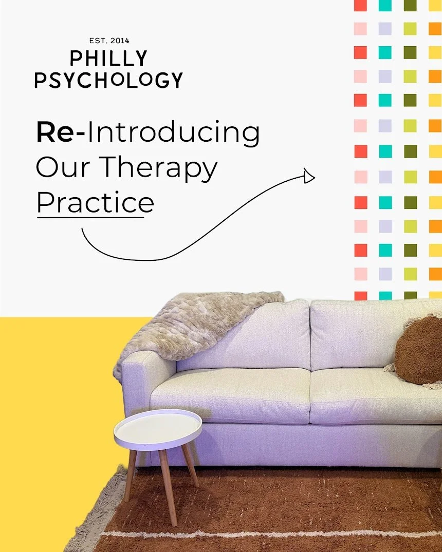 Re-introducing the Philly Psychology therapy practice with a photo of the welcoming office seating area