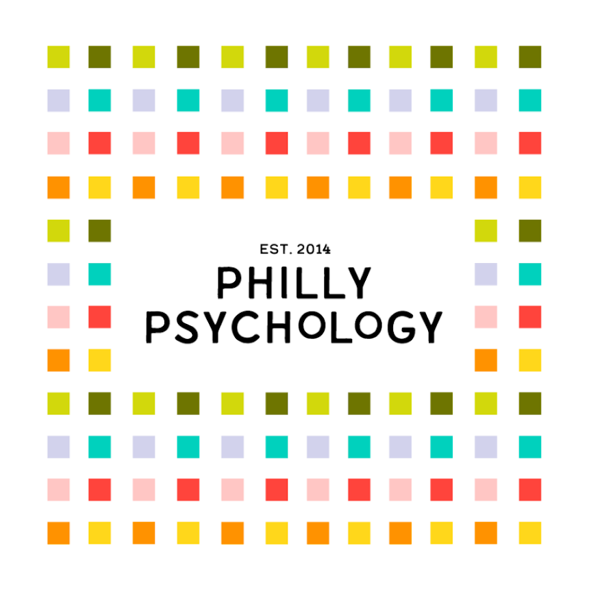 Philly Psychology logo, established 2014, framed by the four paired brand colors