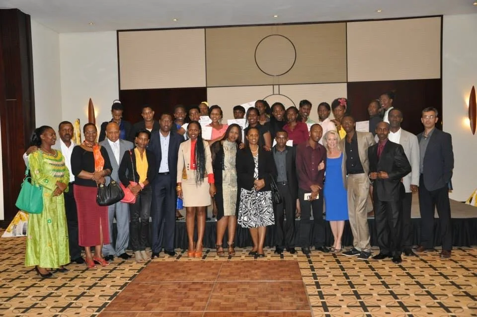 The full gathering at the Women's Potential in Cinema closing ceremony — graduates, government ministers, and international partners, Kigali Serena Hotel, 2013.