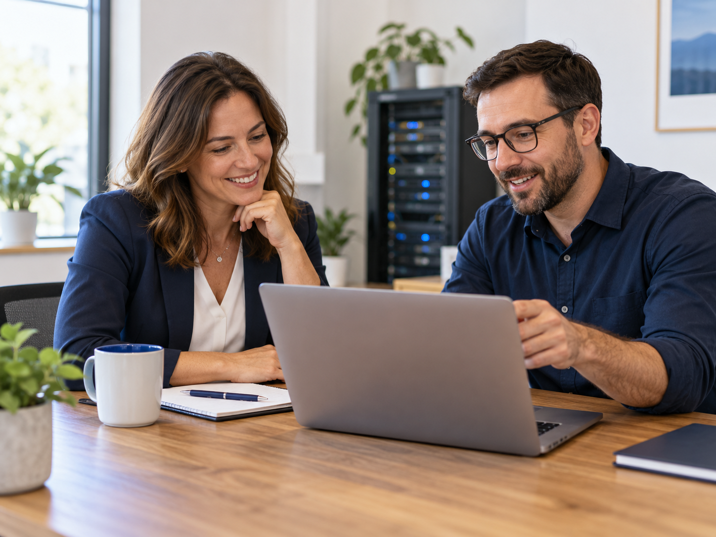 Illustrative scene of business and IT professionals collaborating over a laptop