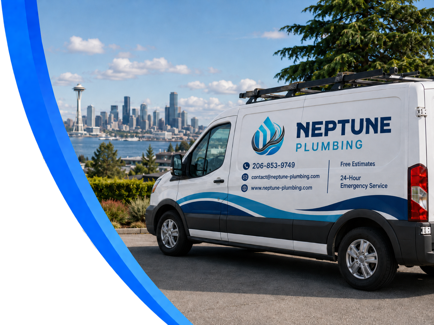 Neptune Plumbing service van for licensed plumbing projects in Seattle Bellevue Kirkland Redmond Renton and nearby Washington communities