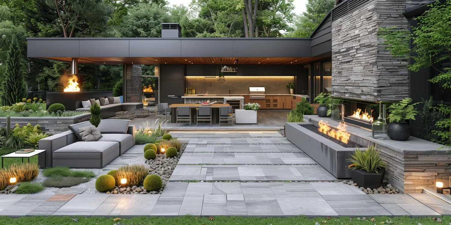 Backyard paver patio seating area