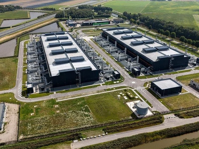 Aerial view of industrial buildings and transportation infrastructure