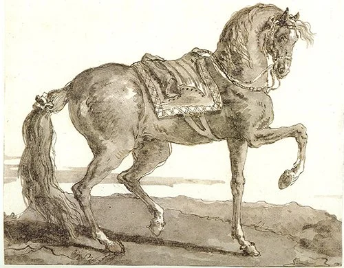 Giovanni Domenico Tiepolo, A saddled Horse, in profile to the right