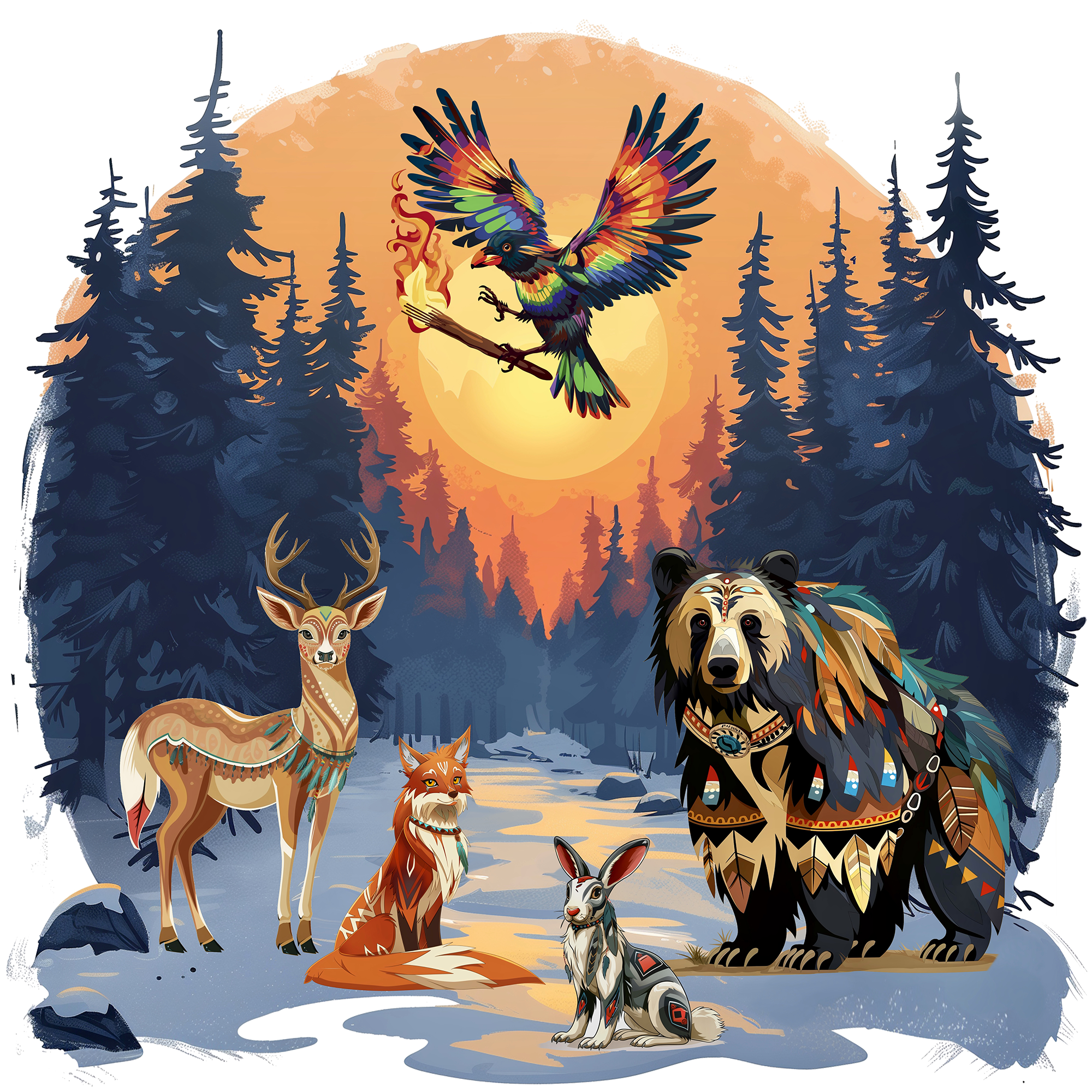 Illustrated characters from Rainbow Crow by Navaji