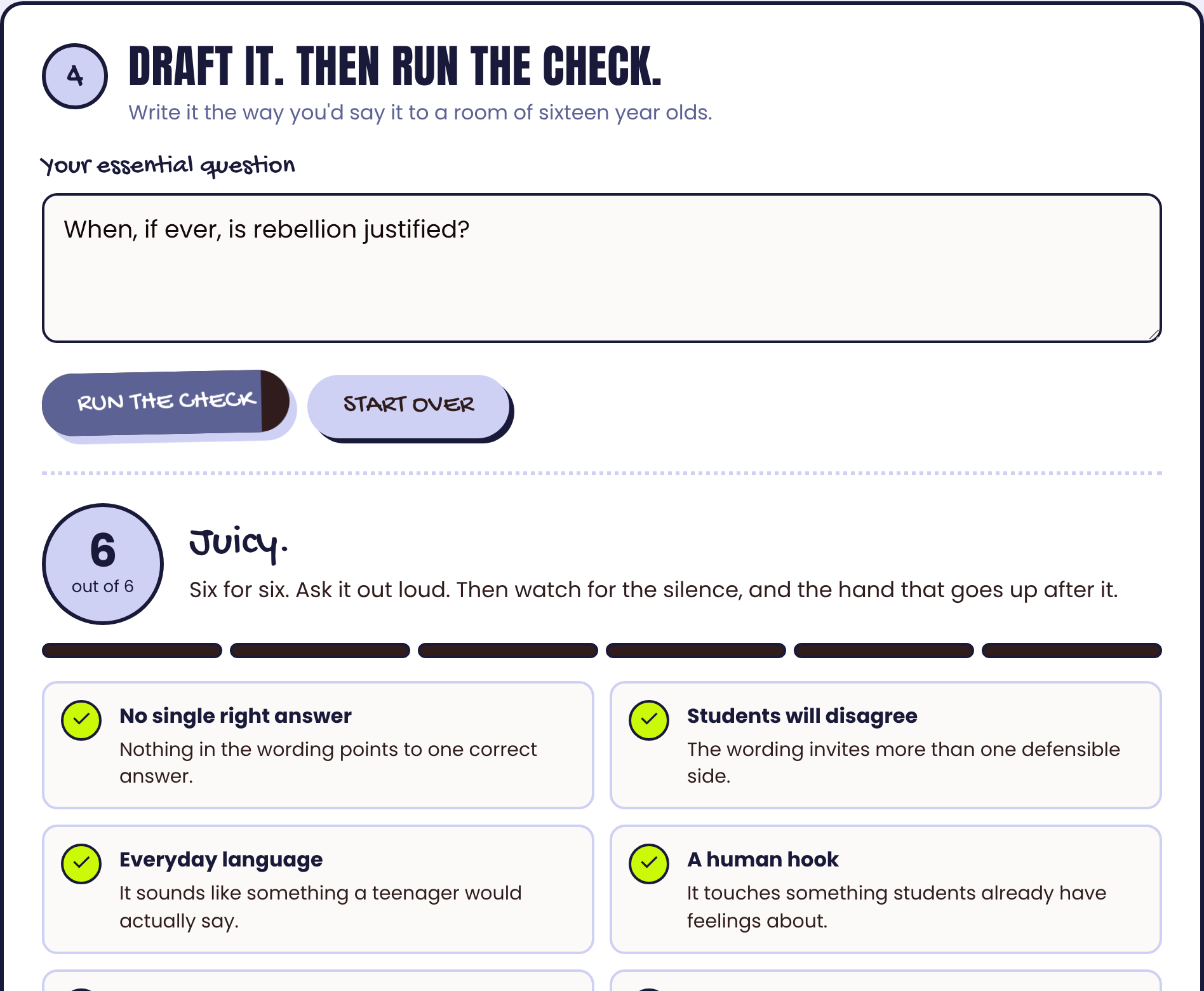 The Essential Question Lab scoring a draft question on the six-point check