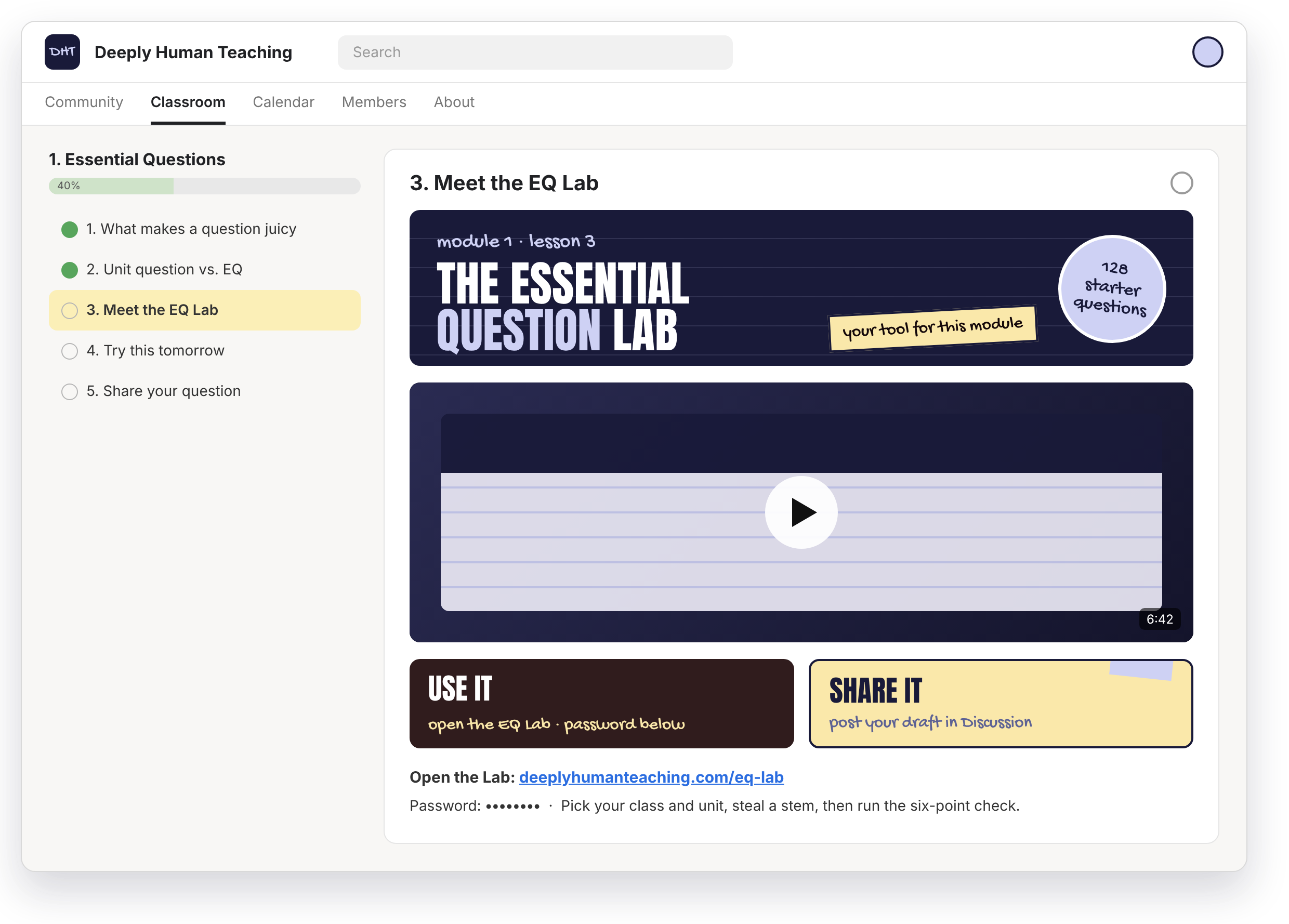 A peek inside the Deeply Human Teaching classroom: Module 1, Essential Questions, open to the lesson Meet the EQ Lab