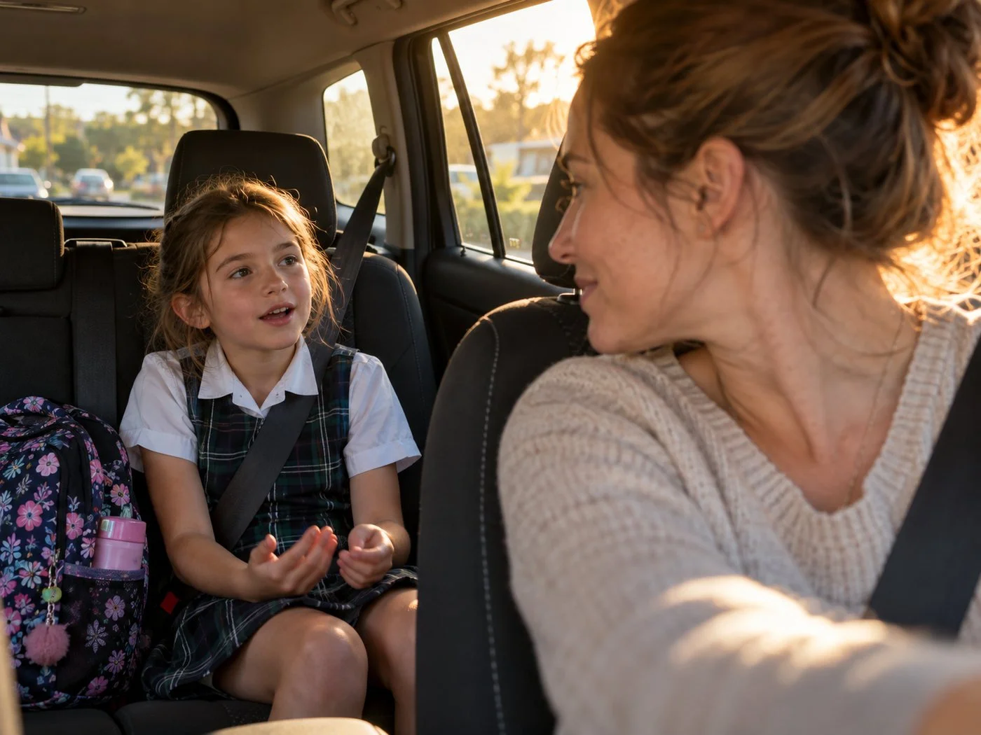 Parent listening to a school-aged child talking in a parked car after school