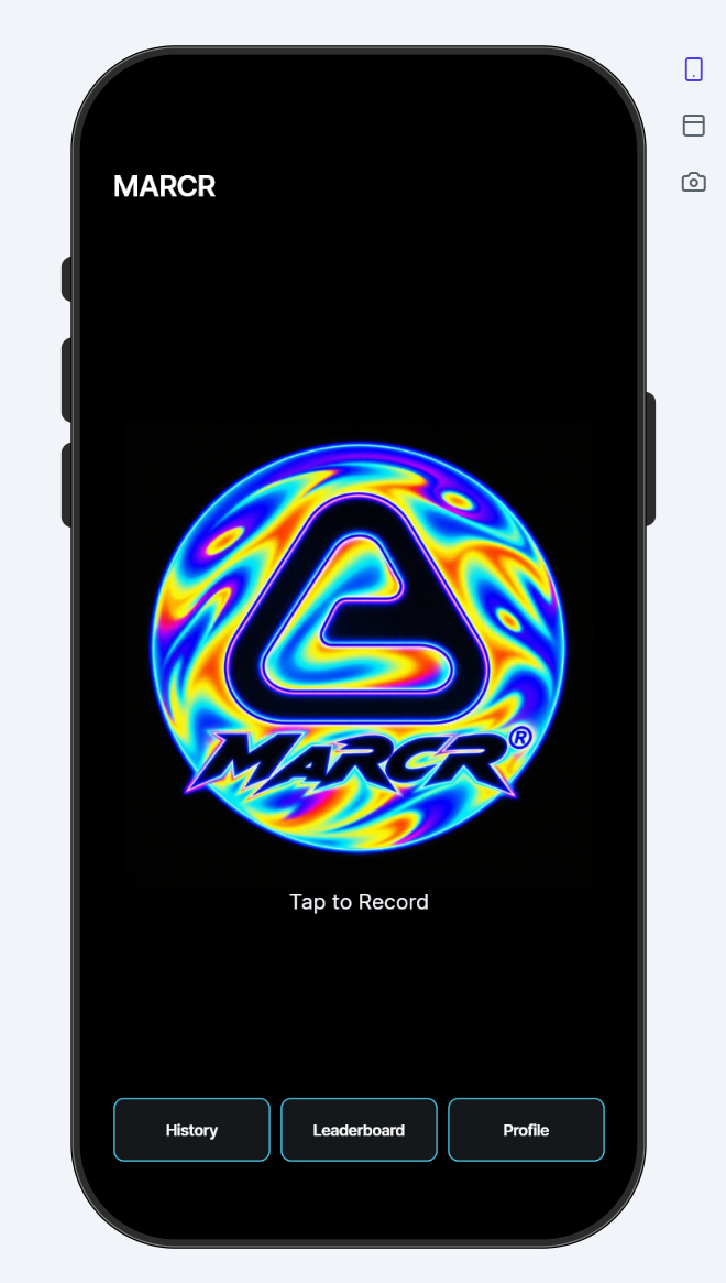 Marcr app home screen with the vivid Marcr trademark and Tap to Record