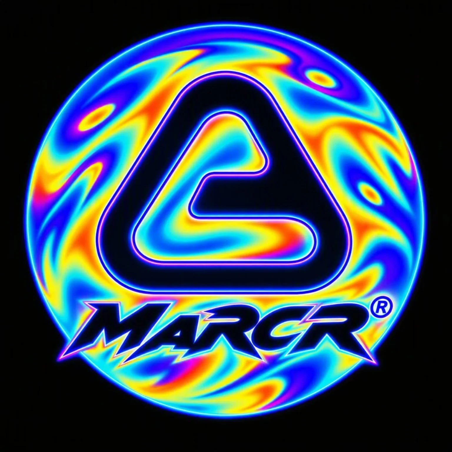 Marcr app trademark: circular neon badge with triangular symbol and Marcr wordmark
