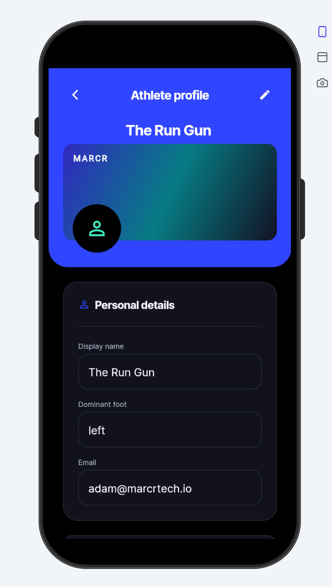 Marcr athlete profile showing display name and dominant foot