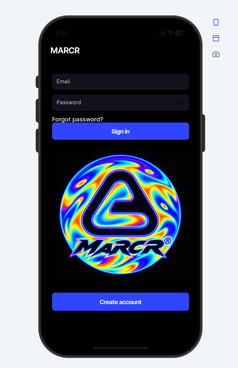 Marcr sign-in screen with email and password fields and create account button