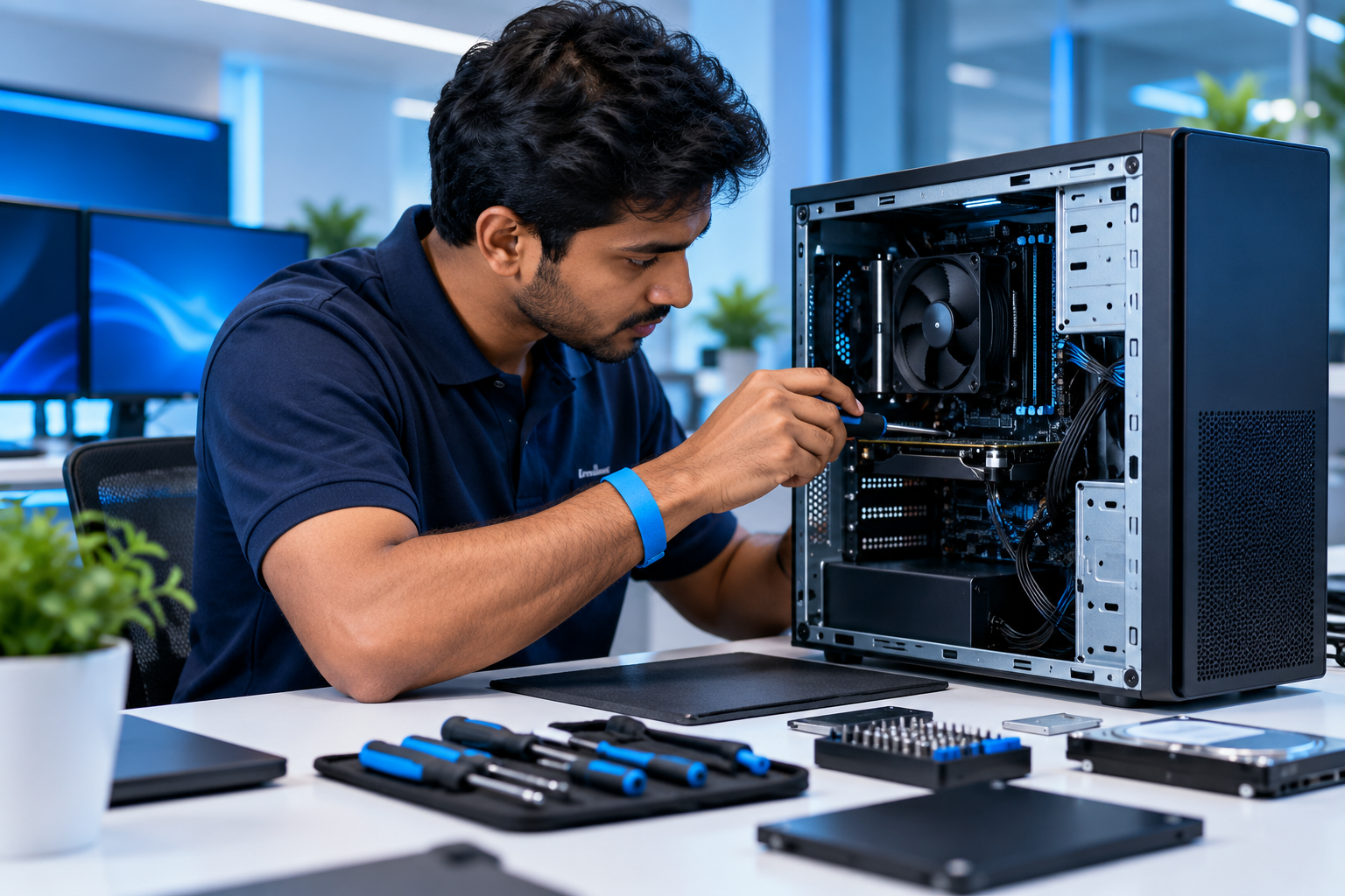 Illustrative IT technician servicing a business computer