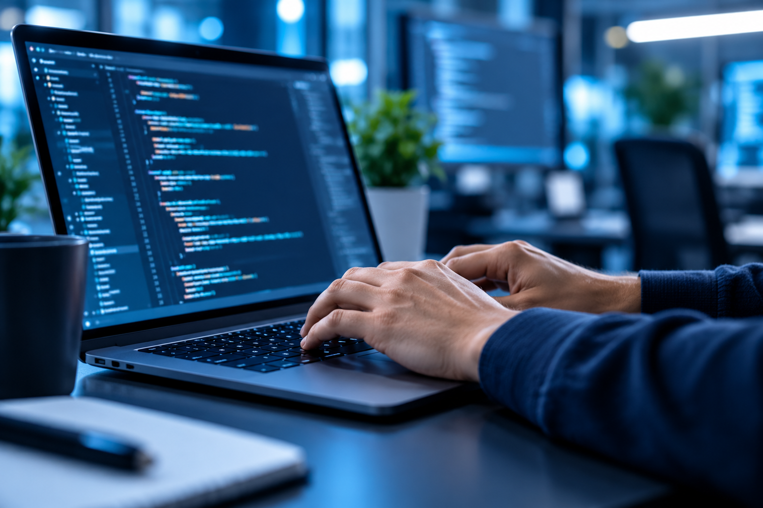 Illustrative software developer working on a laptop