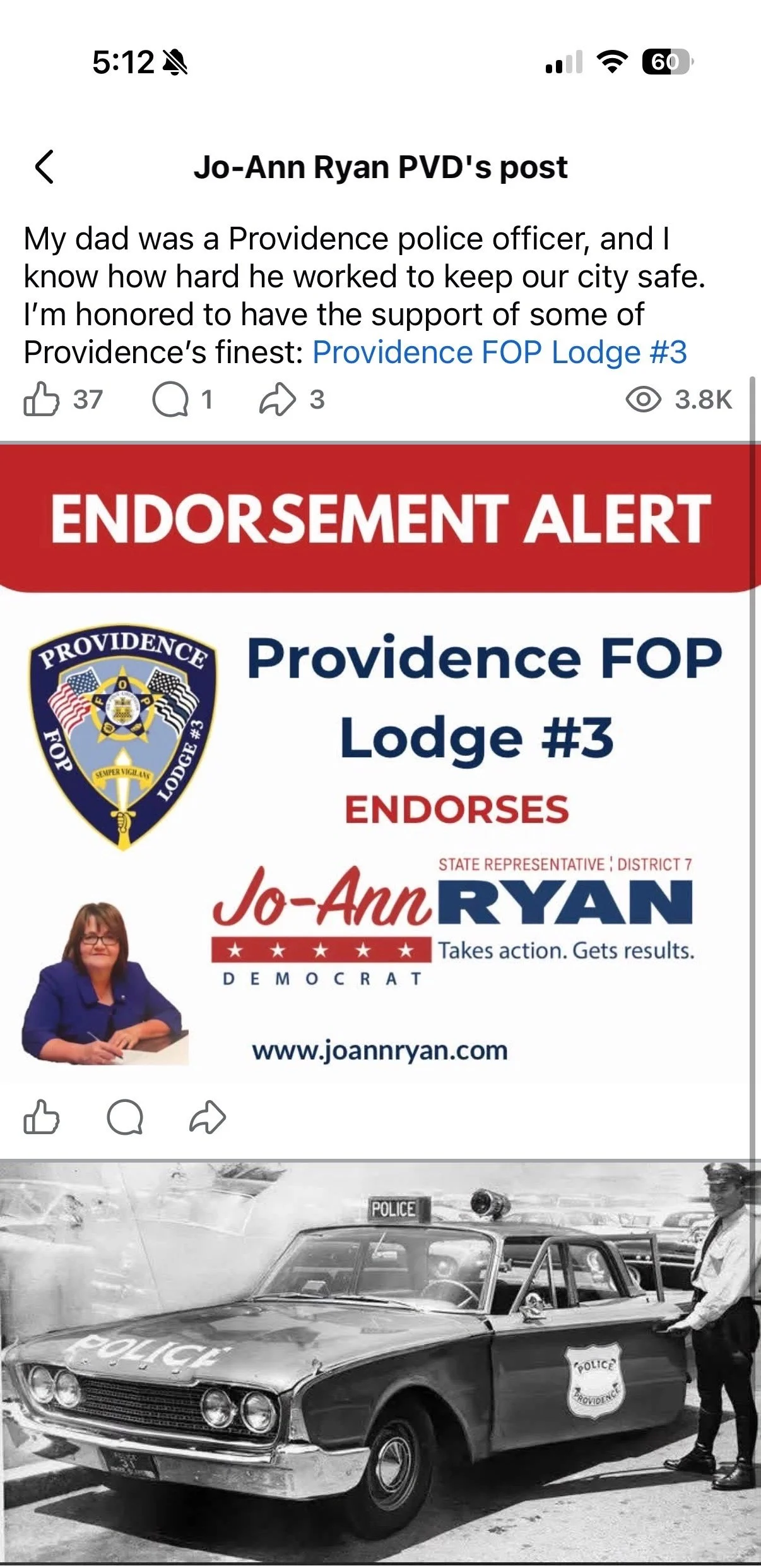 Facebook post: Providence FOP Lodge #3 endorses Jo-Ann Ryan