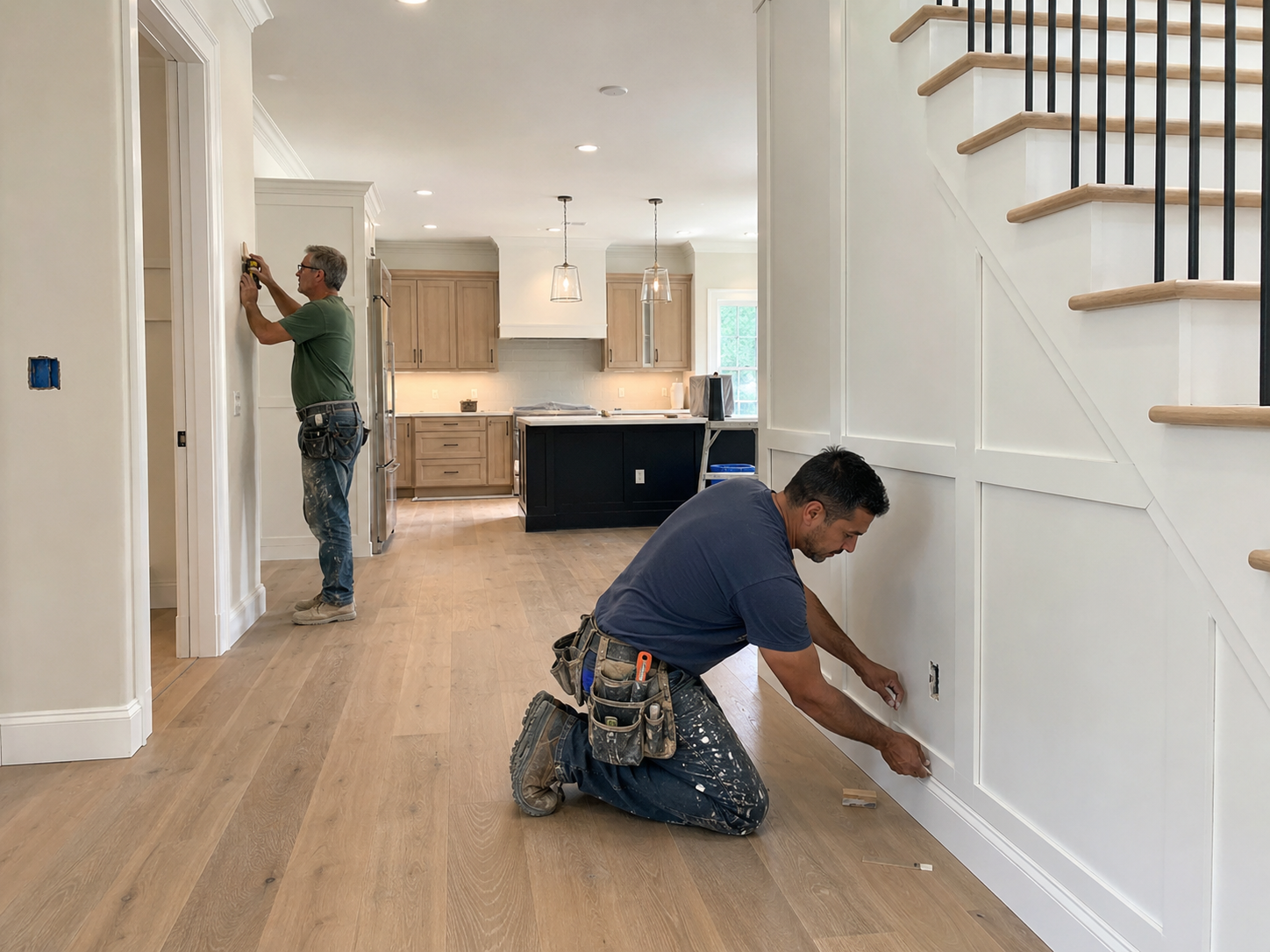 Interior finishing project with paint, flooring, trim, and final details