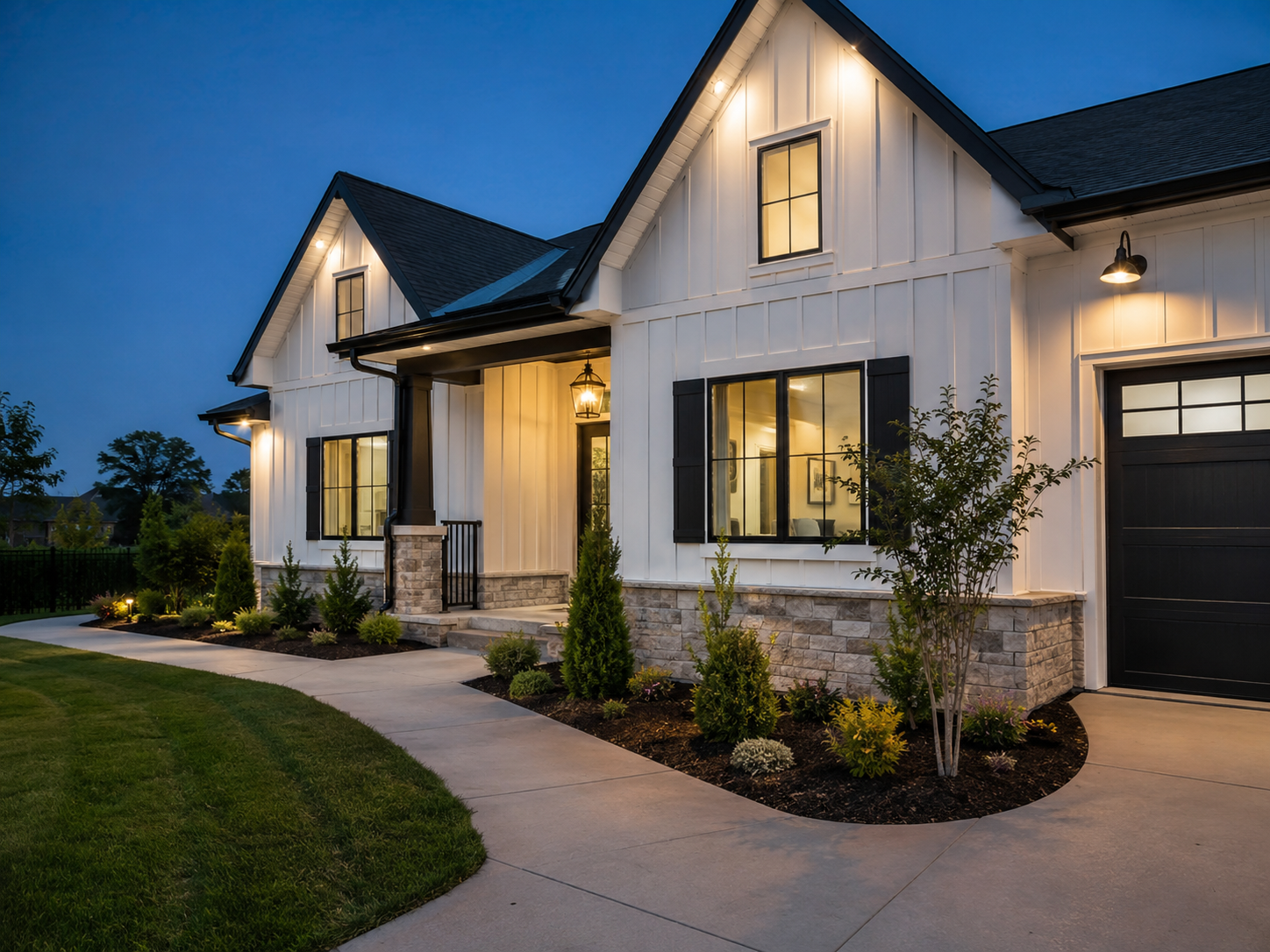 Exterior property improvement project with lighting and finished facade