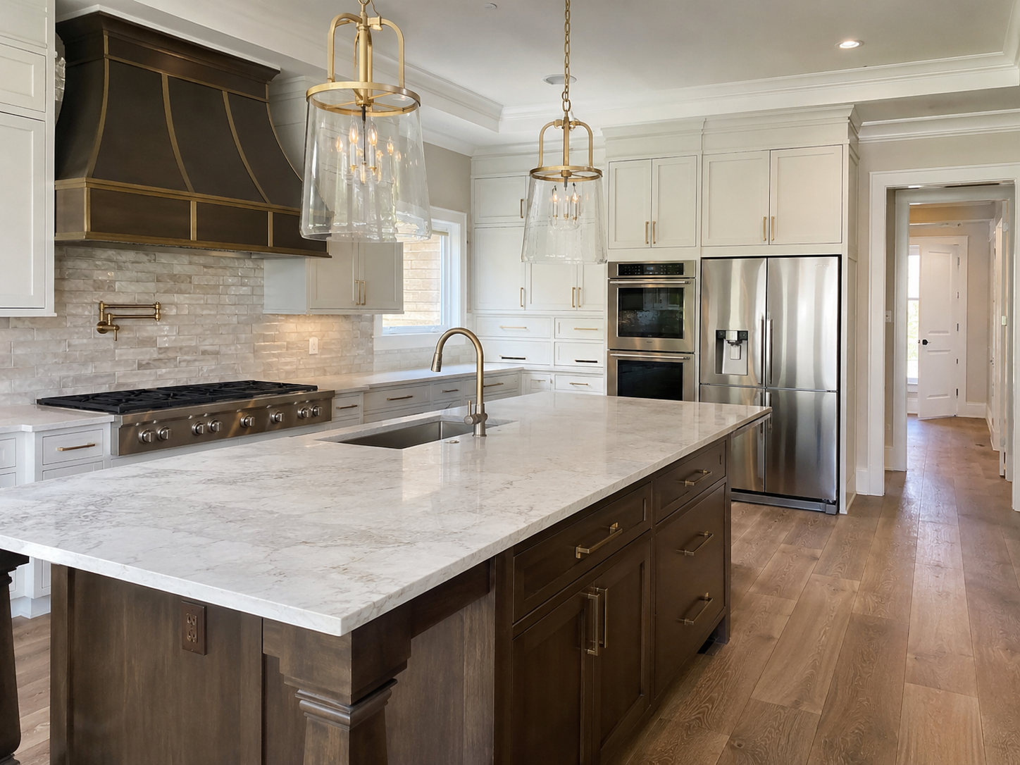 Kitchen remodeling project with updated cabinets, lighting, and modern finishes