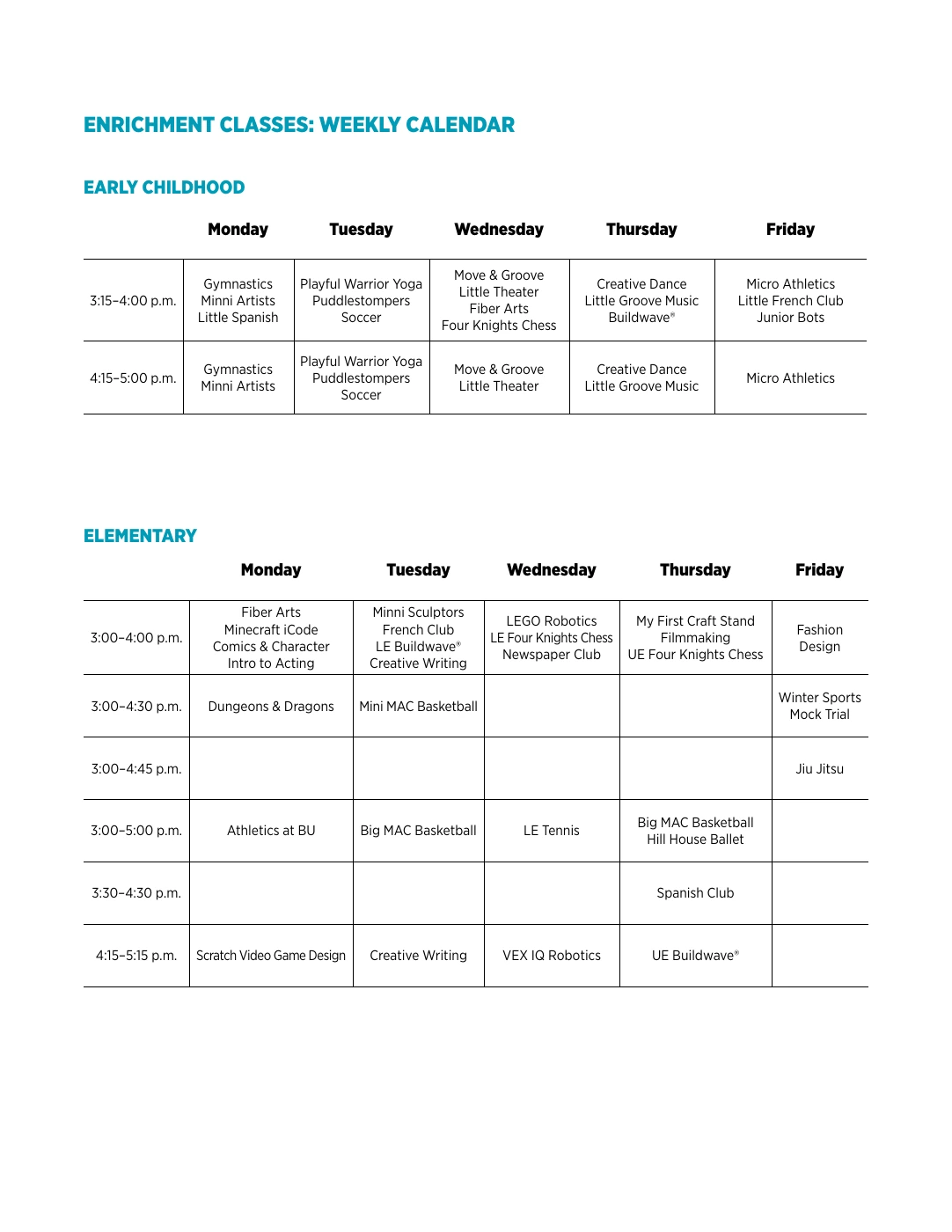 Weekly program overview