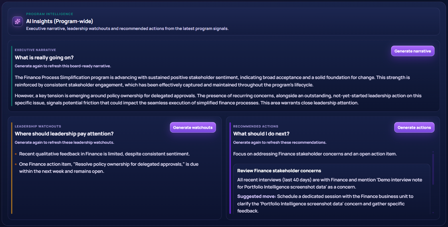 Program-wide AI insights showing executive narrative, leadership watchouts and recommended actions