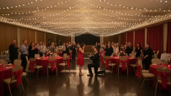 A beautiful red theme engagement party in Murray Hall. A young man is kneeling before his future wife surrounded by friends and family.