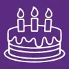 A white outline of a birthday cake with candles on a purple background