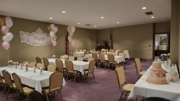The founder's lounge set up for a girl's birthday party.