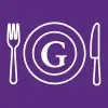 A white outline of a dinner plate, fork, and knife on a purple background