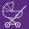 A white outline of a baby stroller on a purple background
