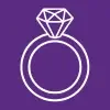 A white outline of a ring with a diamond on a purple background.
