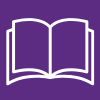 A white outline of a holy book on a purple background