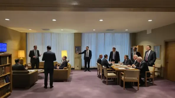 Several businessmen having an offsite corperate meeting in Eubank Lounge.