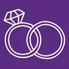 A white outline of Two white rings forming an infinity symbol on a purple background. One ring is simple and circular. The other has a diamond on it.