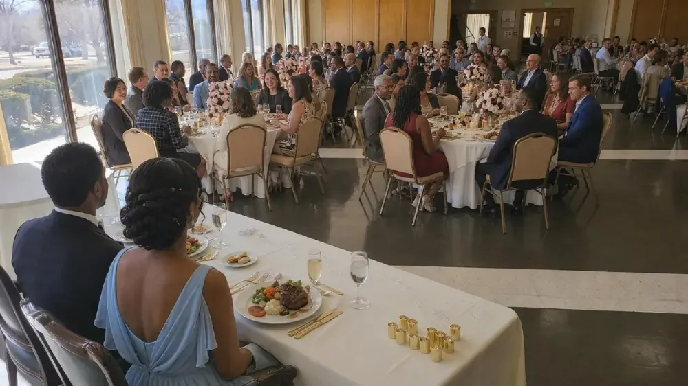 Murray Hall set up for a rehersal dinner party. There are several tables and chairs set for guests with flowery center pieces, plates, and cutlery.